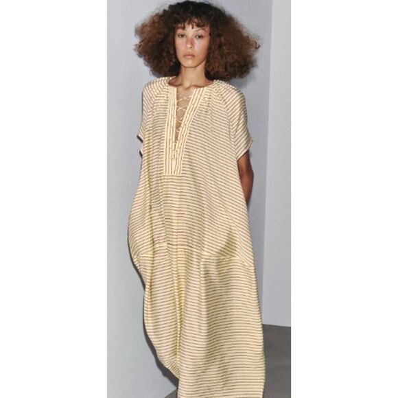 Zara ZW Collection Kaftan Tunic Maxi Dress in Butter Yellow Stripe NWT Sz. S - Picture 1 of 9